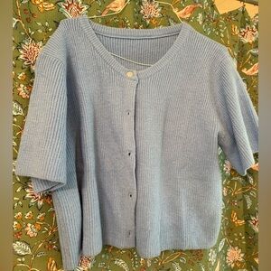 Sky Blue Ribbed Knit Cardigan with Elbow-Length Sleeves